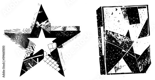 Geometric star and cube rendered in bold black and white, featuring halftone textures and fragmented shapes, graphic design elements, stencil art style.