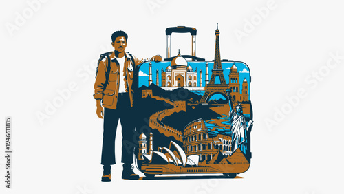 Man With Suitcase Featuring Famous World Landmarks vector illustration