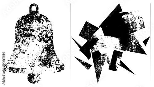 Vintage bell with cracked texture, broken flying outward, distressed halftone effect, graphic crash symbol, alert, broken sound.