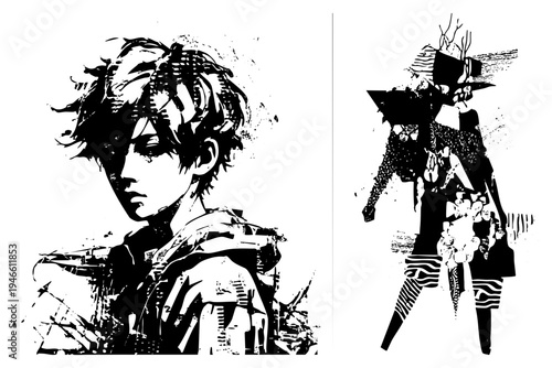 Manga inspired characters with distressed ink textures, expressive faces, bold, comic book style, vector art, isolated figures.