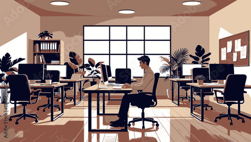 Modern Office With Employees Working At Desks vector illustration