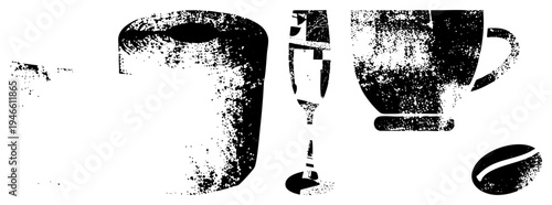 Distressed black silhouettes of coffee mug, wine glass, and coffee bean with gritty texture, vector for cafe or beverage branding.