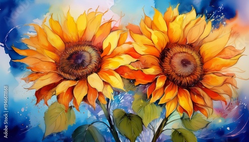 vibrant watercolor painting of two bright sunflowers against a dramatic abstract blue sky background