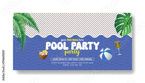 Summer Pool Party Banner Template for Social Media Cover and Website Header, Tropical Summer Elements, Pool Floats, Sunshine Vibes, Summer Sale Promotion, Vector Illustration, Marketing Design