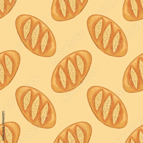 Bread loaf vector seamless pattern. Hand drawn crusty bakery baguette on yellow background. Organic wheat grain for kitchen menu design. Natural rustic textile print for wallpaper and food packaging.