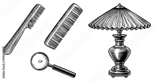 Classic engraved comb, vintage magnifying glass, decorative lamp with pleated shade, hand drawn illustration, antique style, black and white art.