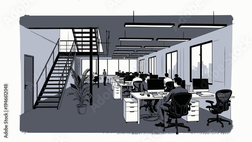 Modern Open-Plan Office With Employees Working vector illustration