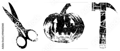 Halloween vector carved pumpkin, scissors, hammer. Distressed halftone texture. Ideal for spooky design, seasonal branding. Also called “Hallowe’en symbols,” “festive tools,” or “festive.