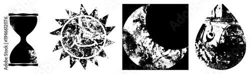 Four stylized rendered in halftone, featuring hourglass, sun, moon, and droplet with gritty textures, vector art, graphic design elements.