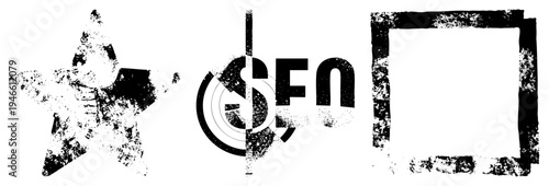 Distressed black star, dollar symbol, square frame. Graphic design elements with gritty texture, ideal for urban or edgy branding.