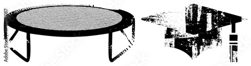 Black and white halftone with springs and frame, graduation cap with tassel, stylized graphic, educational or recreational theme, vector design.