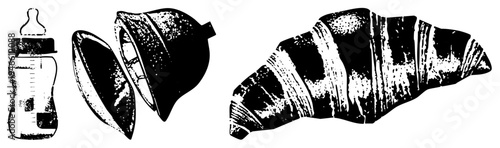 Baby feeding bottle with nipple, vintage bell, flaky croissant, all in high contrast halftone style, isolated vector for design use.