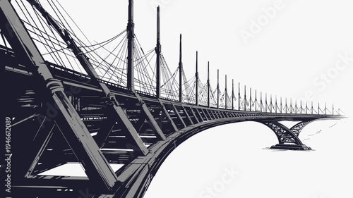 Modern Suspension Bridge Architecture Black and White vector illustration