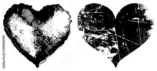 Two stylized one intact with hatching, one shattered with cracks rendered in halftone, evoking emotional contrast, graphic design, or tattoo art.