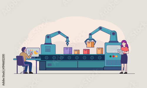 Smart Factory Automation with Robotic Arms on Production Line Industry 4.0 Illustration