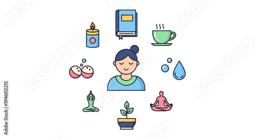 Woman surrounded by symbols of self care and relaxation.