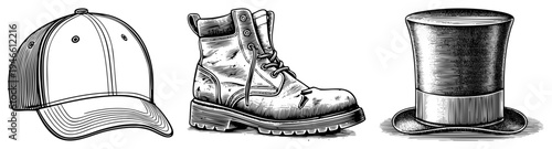 Classic baseball cap, rugged work boot, elegant top hat in detailed art, isolated fashion accessories, vintage illustration style.