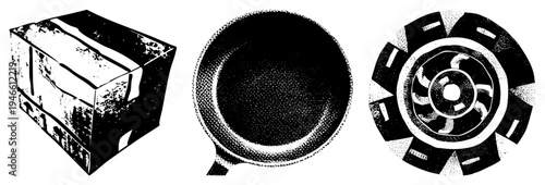 Three halftone styled vector weathered cardboard box, textured frying pan, and radial fan blade. Isolated vector graphics with distressed texture and bold.