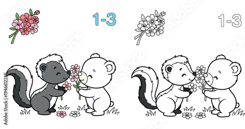 Cute cartoon skunk and white bear friends holding pink flowers, happy animal friendship vector illustration, sweet character design for kids or valentines day