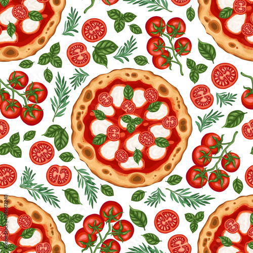 Pizza Napolitana with tomato vector seamless pattern. Hand drawn top view art on white background. Traditional italian food for pizzeria menu design. Culinary kitchen ornament for paper and textile.