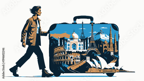 Traveler With Iconic Landmark Suitcase vector illustration