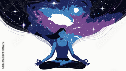 Woman Meditating Cosmic Universe Emanating From Her Mind vector illustration