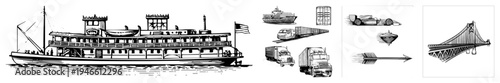 Classic paddlewheel riverboat, powered vessel, floating transport, historical watercraft, American flag, river cruise, old fashioned ferry.