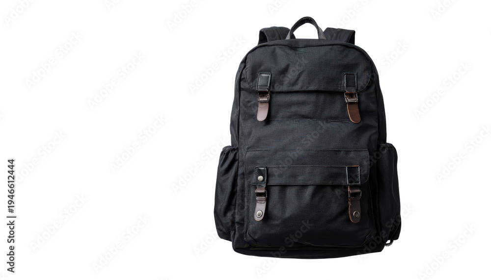 Naklejka premium Black canvas backpack with brown leather accents on black background image, Png, Isolated on Transparent Background, Cut Out