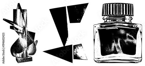 Black and white vector illustration featuring abstract sculpture, fragmented geometric shapes, and ink bottle with halftone texture, minimalist art style, graphic design elements.
