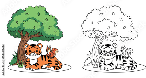 Cute cartoon tiger and squirrel friends relaxing under green tree, happy wild animal friendship vector illustration, funny character design for kids nature background