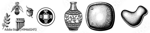 Antique Chinese coin with characters, decorated vase with foliage, pan flute, orchid, and abstract shapes, all rendered in black and white vector art, ideal for cultural or historical design projects.