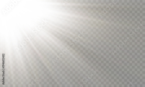 Radiant sunrise light with glowing sunbeam rays, magical lens flare sparkle and bright sunlight energy burst for abstract design.