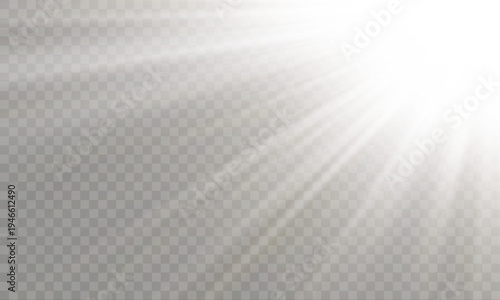 Bright sunbeam overlay with glowing sunlight rays, magical lens flare burst and sparkling star glow for abstract light effect background.