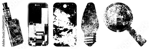 Distressed tech symbols including vape pen, smartphone internals, bulb, magnifying glass, gritty, vector cutout, digital tools.