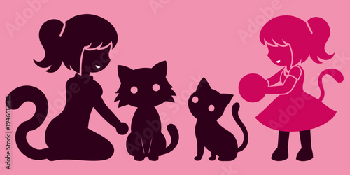 Vector silhouette set depicting women and girls interacting with cats, symbolizing pet ownership, feeding, and affection.