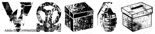 Set of five black and white military including V sign, Omega symbol, ballot box, grenade, and voting box, rendered with halftone texture and distressed effect for gritty aesthetic.