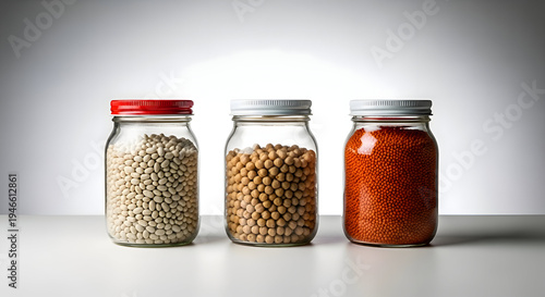 Assortment of dried legumes in glass jars, showcasing white beans, chickpeas, and red lentils, arranged on a clean surface with soft, diffused lighting and a minimalist aesthetic.