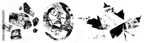 Graphic composition of shattered geometric forms with halftone grain, fragmented symmetry, distressed vector art, abstract.