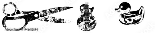 Stylized black and white scissors with textured, electric guitar with fretboard, rubber duck with glossy eye. Graphic design elements,, distressed texture, flat vector art.