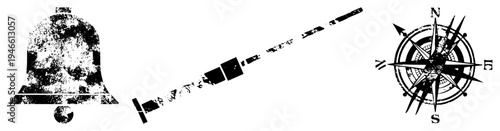 Grunge style bell, fragmented compass, weathered compass rose isolated vector symbols with distressed texture, navigation and alerting themes.