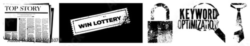 Stack of newspaper with “TOP STORY,” lottery ticket stamp “WIN LOTTERY,” padlock, magnifying glass over “KEYWORD OPTIMIZATION,” and tie silhouette all in gritty halftone style.