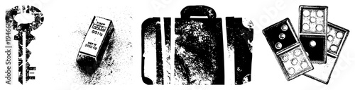 Retro key with ornate head, gold bullion bar, textured briefcase, tiles gritty vector illustrations with distressed texture, ideal for noir or vintage design projects.