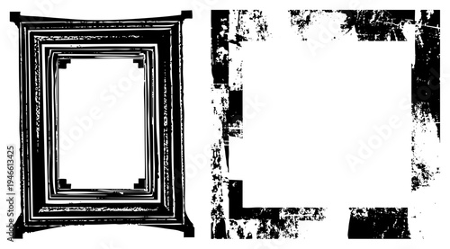 Stacked ornamental frames, layered borders, vintage texture, graphic design element, vector art, black and white illustration, distressed edges.