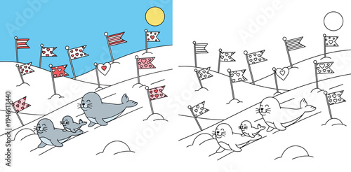 Cute cartoon seals sliding down a snowy hill decorated with heart flags under a sunny sky. Happy winter animal family playing in ice landscape vector illustration.