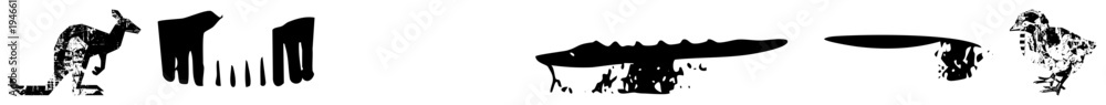 Obraz premium Stylized animal silhouettes rendered in textured black shapes, including kangaroo, cow, crocodile, and chick, presented as isolated vector graphics with halftone effects and fragmented.