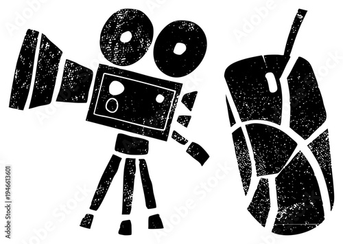 Retro camcorder on and computer mouse with speckled texture, digital and analog symbols, minimalist black vector.