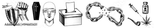 Shield and fist for protection, blindfolded judge, voting box, broken chains, syringe and vial, pipe and leaf symbols of law, liberty, democracy, liberation, and medical/legal.