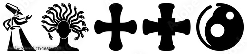 Abstract vector symbols including Medusa, yin yang, and, minimalist black shapes, spiritual and occult, flat graphic design.