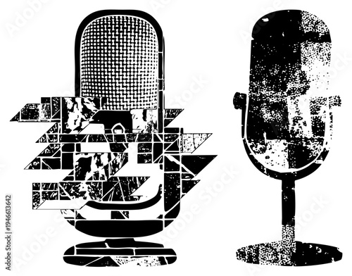 Retro microphones rendered in halftone with fragmented geometric, stylized recording equipment, vintage vocal gear, studio microphone, analog tools.
