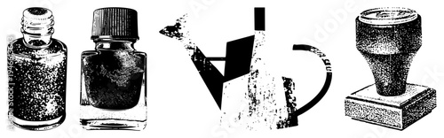 Classic ink bottles with textured halftone, vintage watering can with geometric cutouts, traditional seal stamp, vector set, isolated foreground elements.